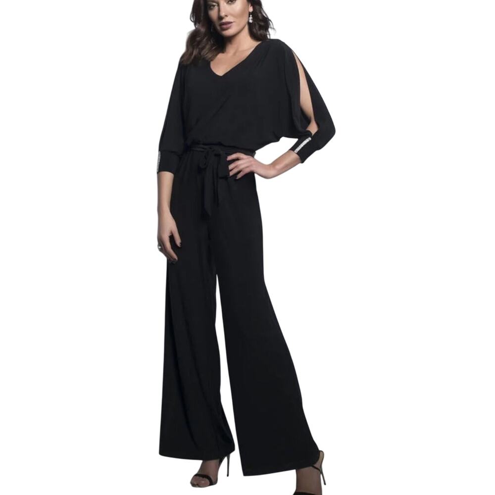 Frank Lyman Design Black Jewel Sleeve Belted Jumpsuit Size 16 NWT